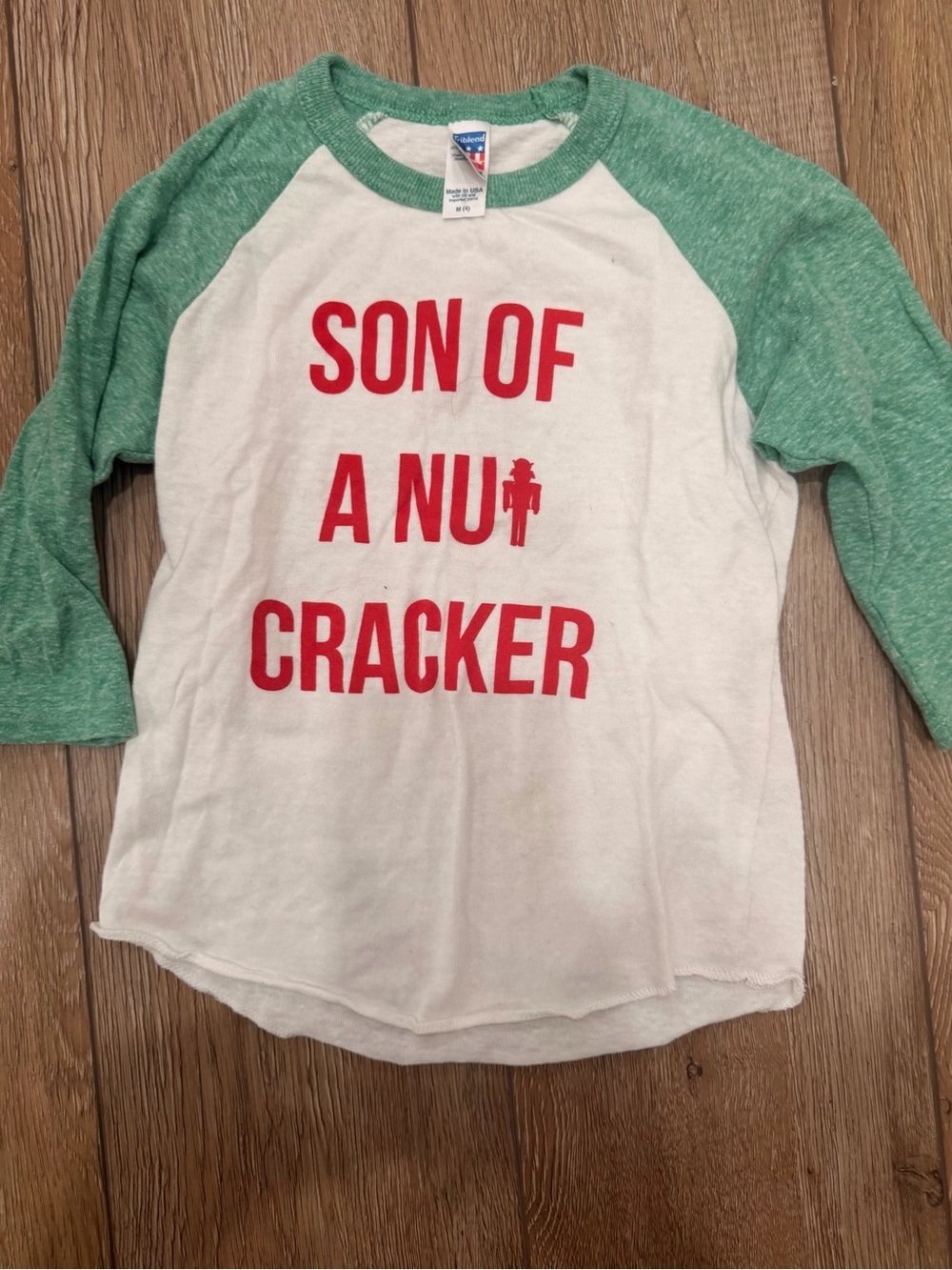 Custom White Tee with Green Raglan Sleeves and Red Text - Christmas Fun
